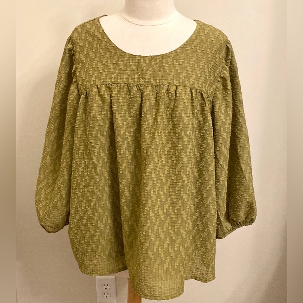 Ophelia Roe Green Textured 2X Coastal Grandma Cottagecore Boho Puff Sleeves Top